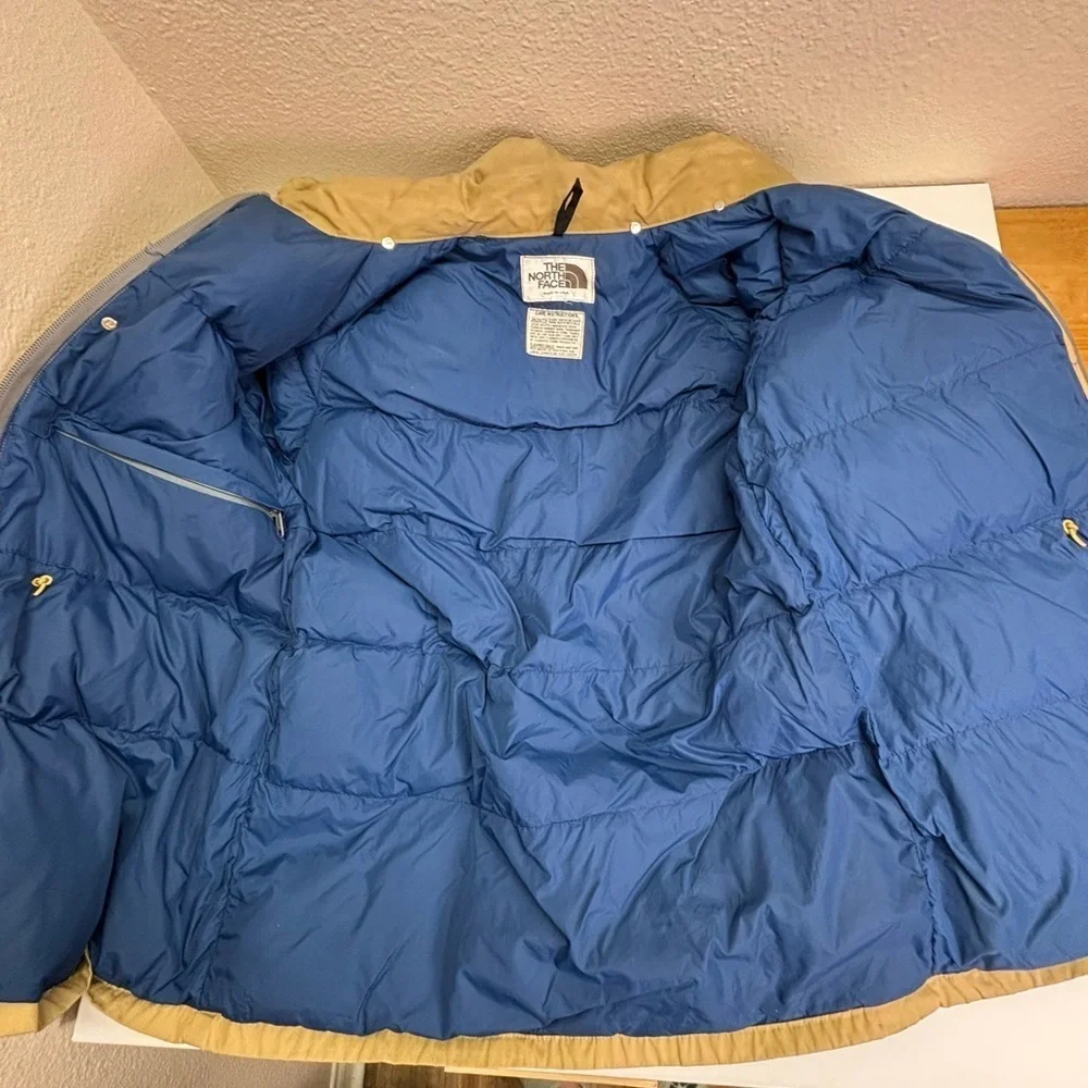 Vintage 70s 80s The North Face Down Parka Jacket XL Made in USA Tan Blue